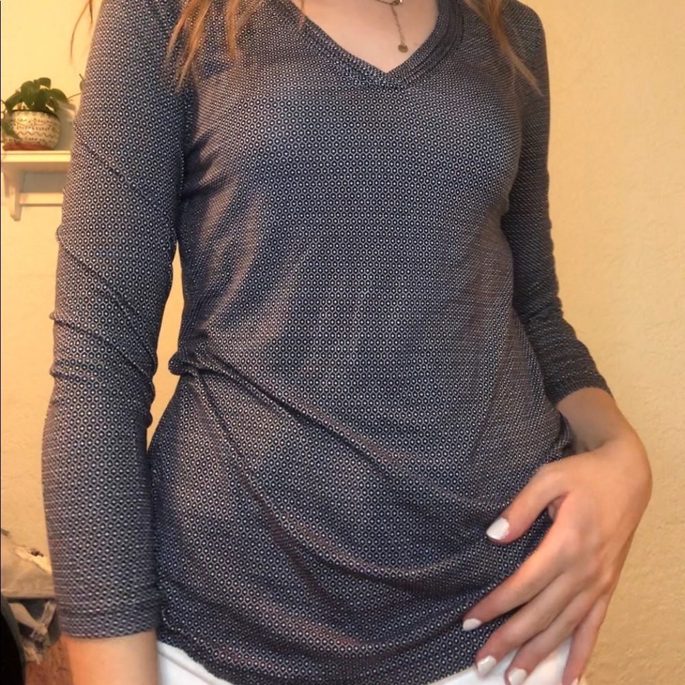 blue and white v cut top